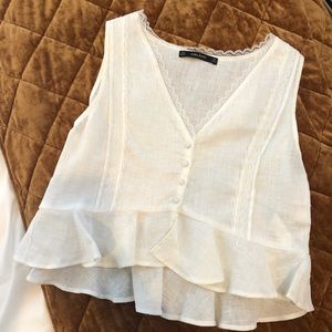 ZARA Basic Linen Button Up Peplum Tank Lace Edges